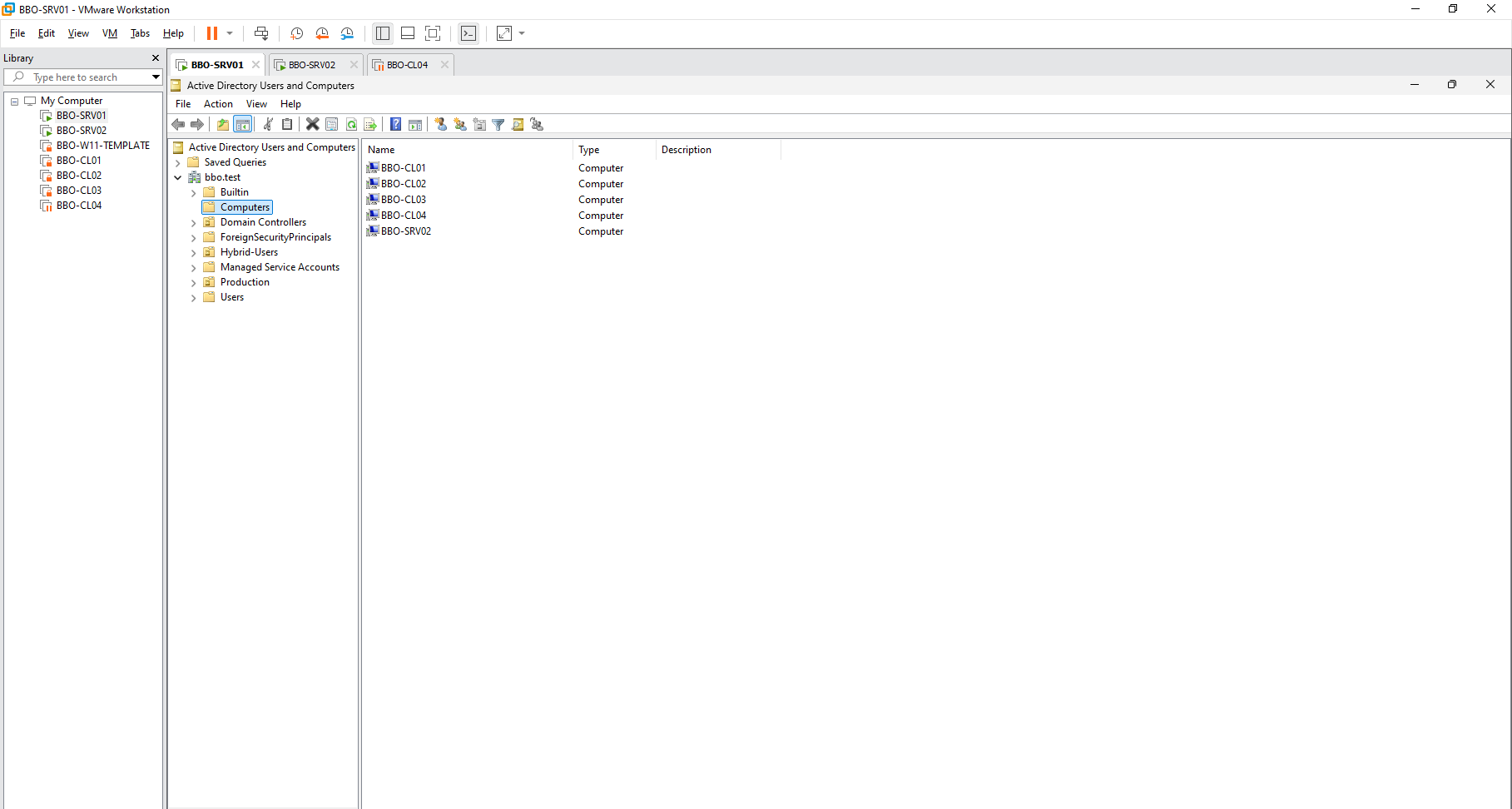 Active Directory Users and Computers showing domain-joined computers